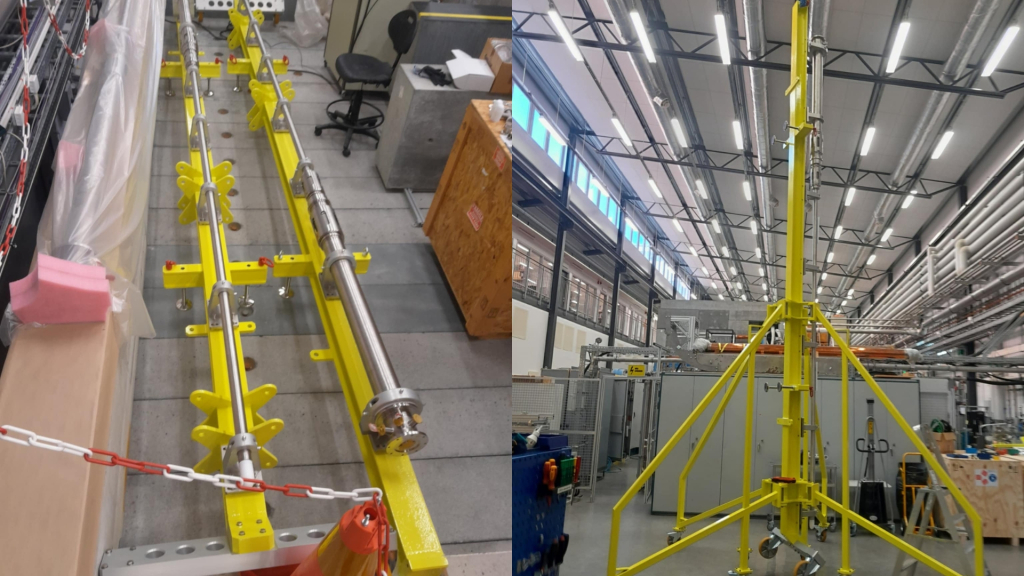 Långt metallrör monterat på en gul stödstruktur, visat i både horisontellt och vertikalt läge i en laboratoriemiljö